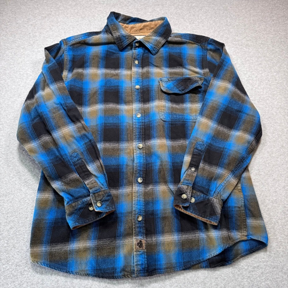 Legendary Whitetails Mens Large Blue Plaid Buck Camp Flannel Shirt 100%‎ Cotton